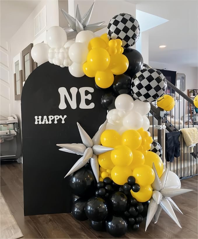 Black and Yellow White Balloon Arch Kit, 18 Inch Checkered Mylar Explosion Star - Image 3