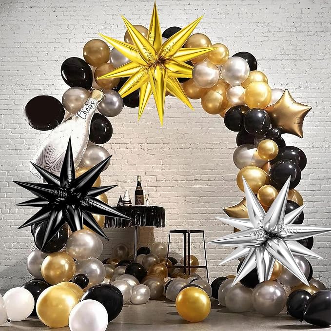Black Gold Silver Foil Star Balloons, Cone Mylar Spike Balloons Fireworks - Image 5