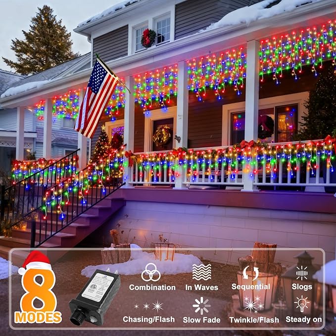 KNONEW 99ft 1216 LED Christmas Lights Outdoor 8 Modes Curtain Fairy String Light with 228 Drops, Clear Wire LED String Light Decor for Wedding Party Christmas Decorations(Multicolor)