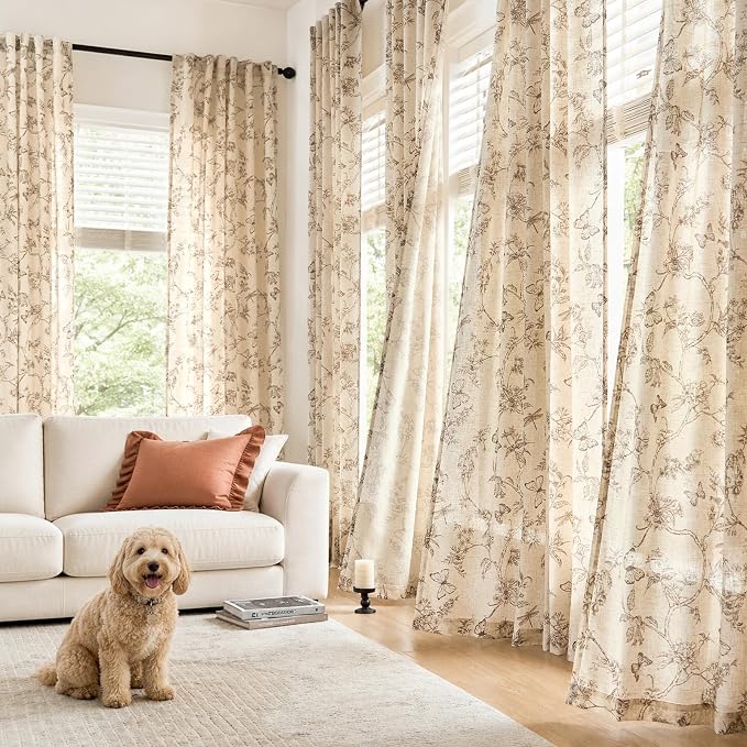 Taupe Floral Linen Curtains Farmhouse Rod Pocket 50W X 108L 2 Panels | - Image 3