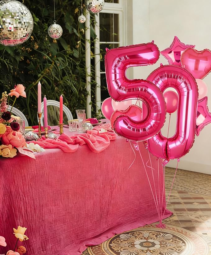 40 Inch Number Balloon Hot Pink 50 Set Pink Theme 50th Birthday Decor 10Pcs | - Image 4