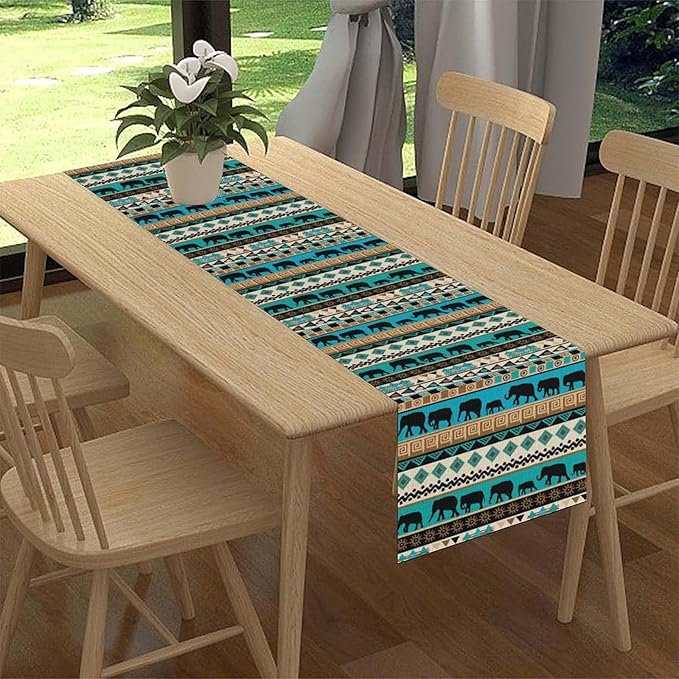 Boho Table Runner, Rustic Aztec Blue Teal African Elephant Tribal Ethnic Native Farmhouse Table Center Decor For Home Kitchen Dining Patio Holiday Party Indoor Outdoor Table Decorations, 13"x108" Inch