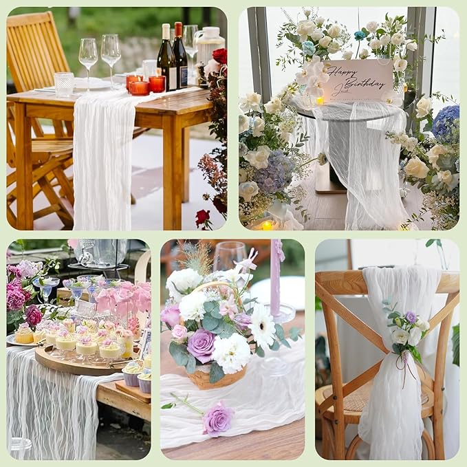 Asee'm 6pcs Cheesecloth Table Runner 120 Inches Long Ivory Boho Gauze Cheese Cloth Runner 10FT Rustic Sheer Table Runners for Christmas Wedding Party Baby Shower Spring Easter Decoration