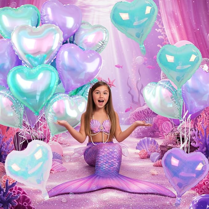 Iridescent Heart Balloons, 18 Inch Transparent Gradient Blue Purple Foil - Image 4