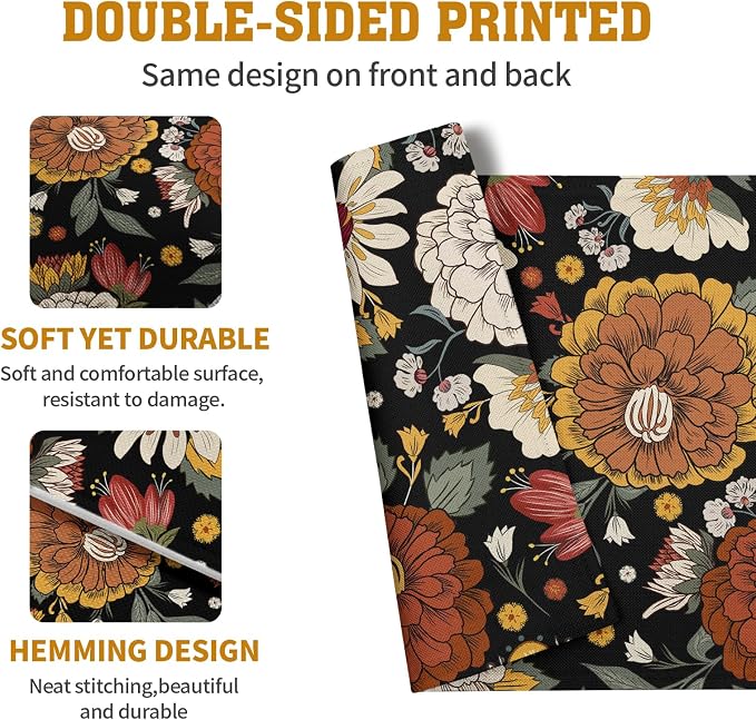 Black Boho Floral Placemats Set of 4 Spring Summer Vintage Flowers Botanical - Image 5