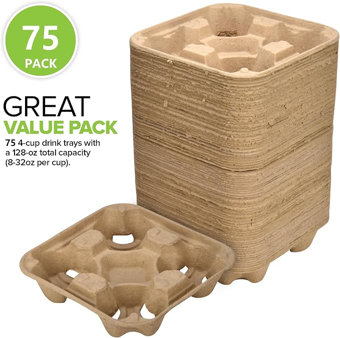 4 Cup Disposable Coffee Tray, Commercially Compostable Cup Holder, Durable - Image 2