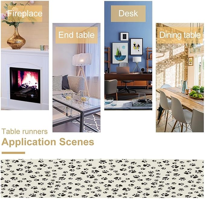 Dog Paws Table Runner,Cartoon Cute Black White Animal Footprints Abstract Tablecloth Burlap for Hotel Indoors Outdoor Dining Room Kitchen Home Decor,W13X L80 in