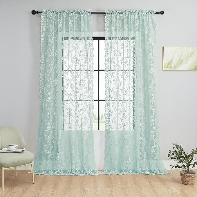 Pastel Turquoise Lace Curtains 96 Inches Long Rod Pocket Light Teal Paisley by FOLKSIDEHomeDecoration