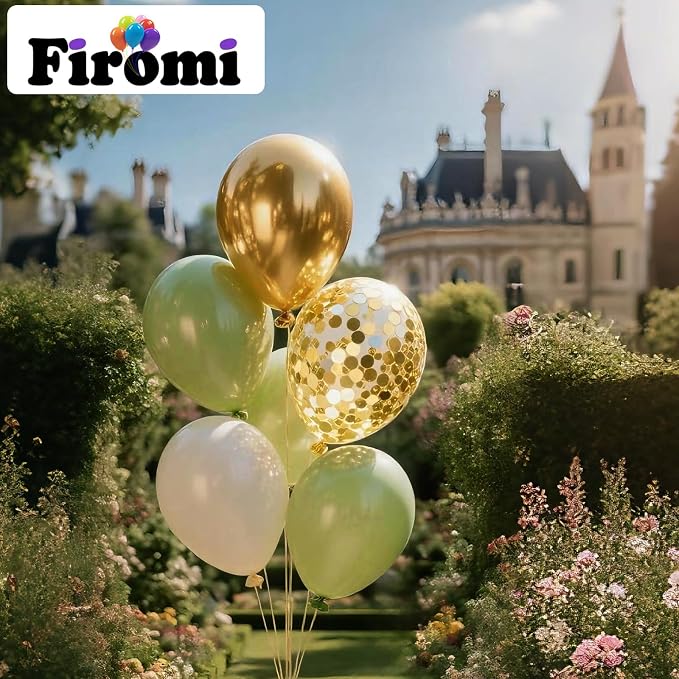 Firomi Metallic Chrome Gold and Sage Begie Balloons Set 12-inch 70 Pack | Sage - Image 3