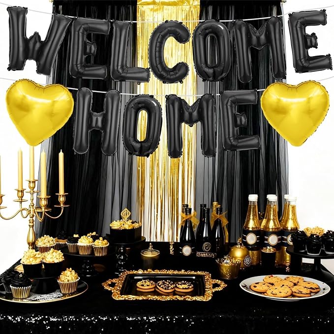 Welcome Home Balloons Black Gold, 16Inch Welcome Home Foil Balloons Banner - Image 6