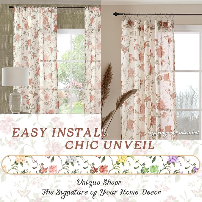 Sheer Curtains 54 Inch Length 2 Panels Set, Floral Patterned Linen Look - Image 7
