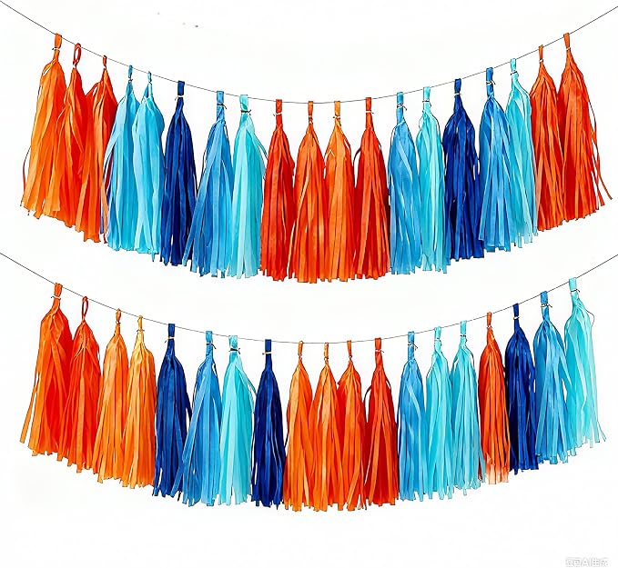 Orange and Blue Tassel Garland Banner, 20 Pack Paper Tassels Streamers by SIPRKAICT