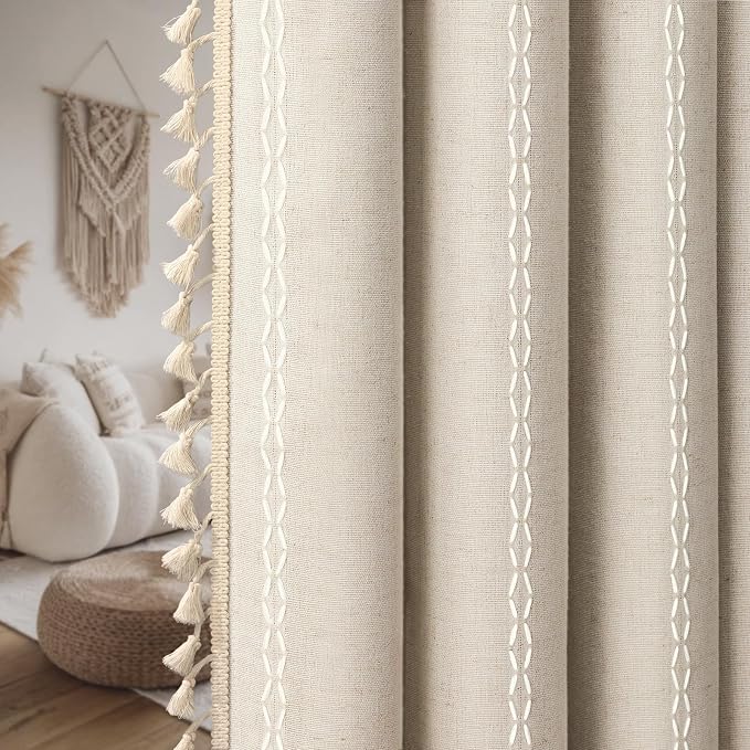Boho 100% Blackout Curtains 63 Inch 2 Panels Linen Blend Beige | Vintage - Image 8