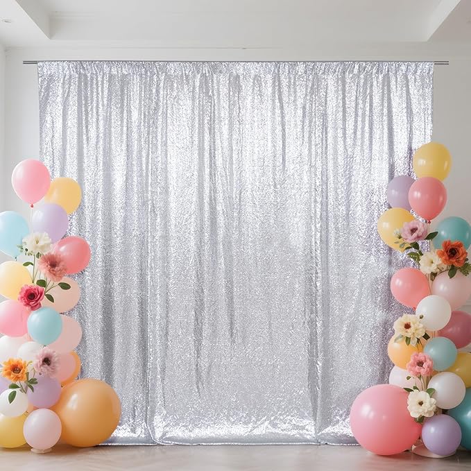 SquarePie Sequin Backdrop Not See Through Thick Stain Background for Photography Glitter Curtain Party 10FT x 10FT Silver