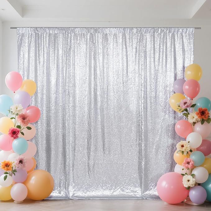SquarePie 6x8ft Silver Sequin Backdrop, High Density Non-Transparent Glitter by SquarePie
