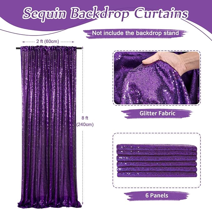 Purple Sequin Backdrop Curtain 6 Pcs 2ftx8ft Sparkly Glitter Wedding Party - Image 2