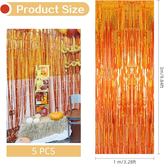 5 Pack Orange Foil Curtain Backdrop 3.2ft x 9.8ft Metallic Tinsel Foil Fringe - Image 3