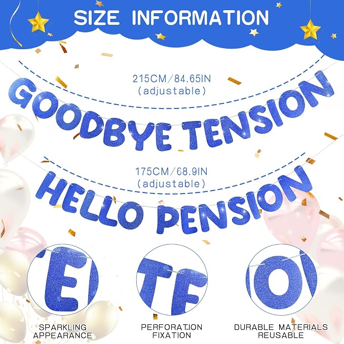 Retirement Banner Pre-Strung GOODBYE TENSION HELLO PENSION Banner Glitter - Image 2