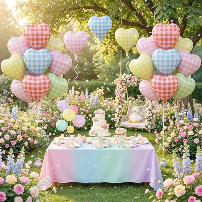 Pastel Checkered Heart Balloons, 18Inch Light Pink Blue Yellow Green Red - Image 4