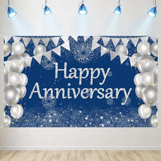 Blue Happy Anniversary Banner, Wedding Anniversary Sign Decorations Supplies by Unknown