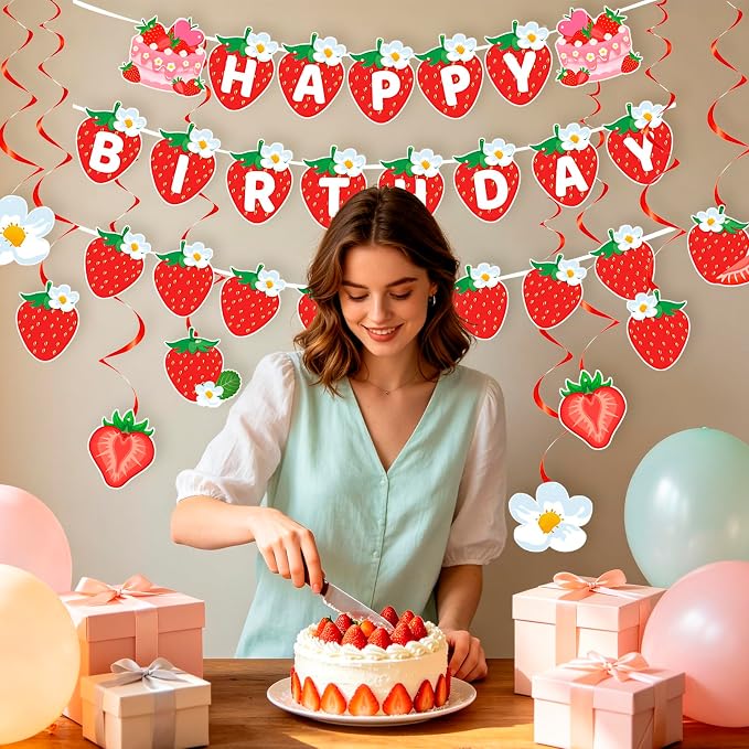 MEETINGU Strawberry Cake Happy Birthday Banner - Image 4