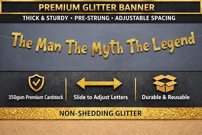 Pre-Strung The Man The Myth The Legend Gold Glitter Banner - Image 3