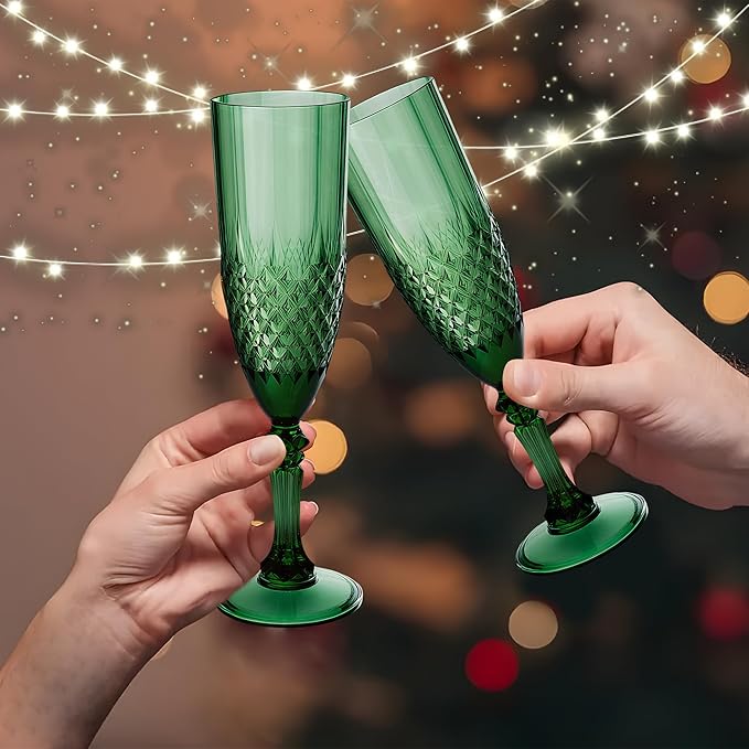 Plastic Champagne Flutes, 48PCS Dark Green Wine Glasses Goblets Cups Reusable Flute, for Christmas Weddings Bachelor Parties Toasting and Events(48, Dark Green)