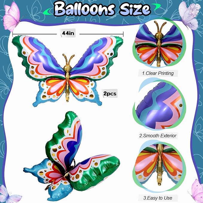 44" Giant Rainbow Butterfly Foil Balloons, Big Multicolor Butterfly Inflatable - Image 2