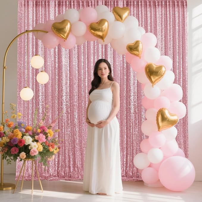 2×8FT-6PCS Rose Pink Sequin Backdrop Curtains Panels, Photography Backdrop - Image 2