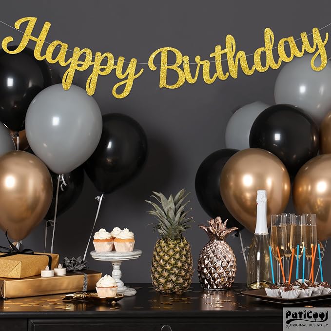 Gold Happy Birthday Banner, Pre-Strung Glitter Gold Birthday Sign, 10 Feet - Image 3