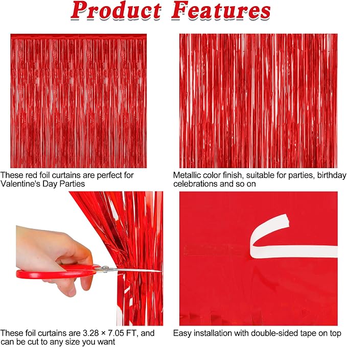 ZATAYE 12 Pack Red Valentines Christmas Foil Curtain Streamer Decorations | Red - Image 4