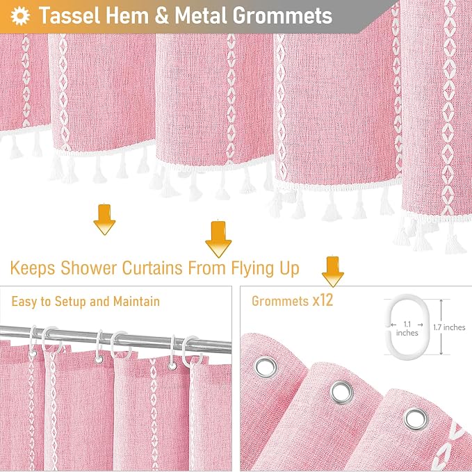 72x96 Extra Long Boho Linen Heavy Duty Shower Curtain Set, Blush Pink | Extra - Image 5
