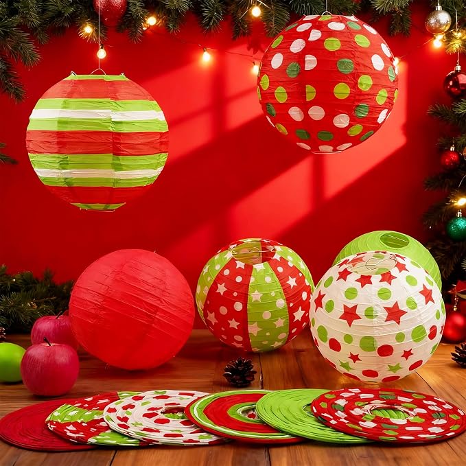 12 Pcs Red Green Christmas Hanging Paper Lanterns 8 Inch Christmas Party - Image 6