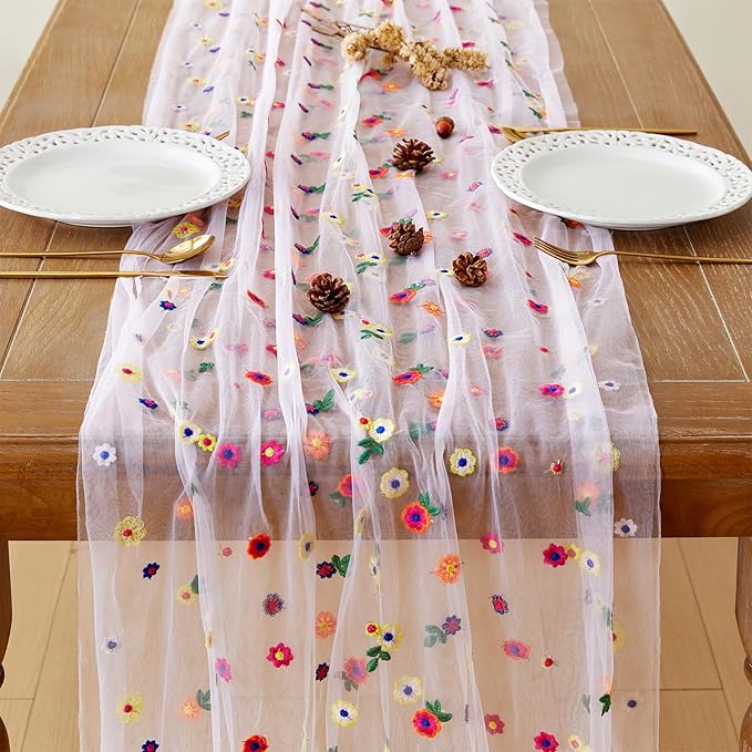 JIALE Pink Floral Table Runner, Embroidery Daisy Seasonal Table Decorations, 120Inch 10FT Tulle Fabric for Home Decor, Bridal Shower Wedding, Baby Shower Parties, DIY Craft