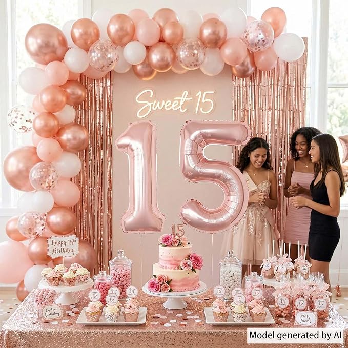Rose Gold Number 15 Balloon 40 Inch, Radiant Foil Duo - Image 7