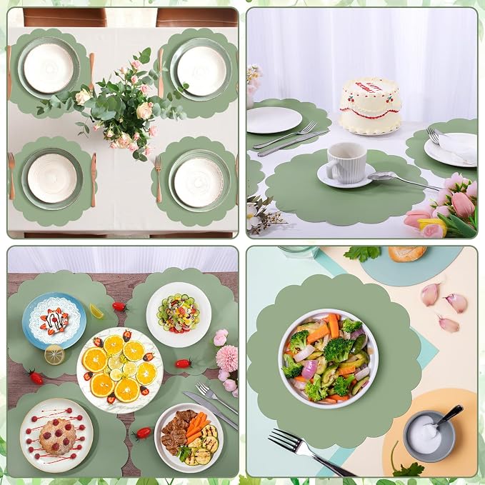 NatNarr 60 Pcs Sage Green Scalloped Paper Placemats, 13.5 Inch | Disposable - Image 7