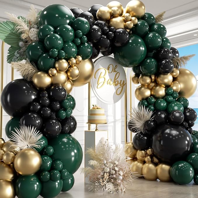 171Pcs Double Stuffed Dark Green Black Gold Balloons Garland Arch Kit by Unknown
