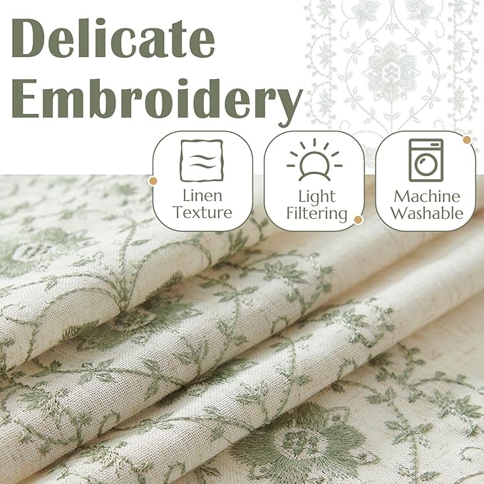 jinchan Floral Linen Curtains Embroidered Back Tab 50x84in 4 Panels Sage | - Image 5