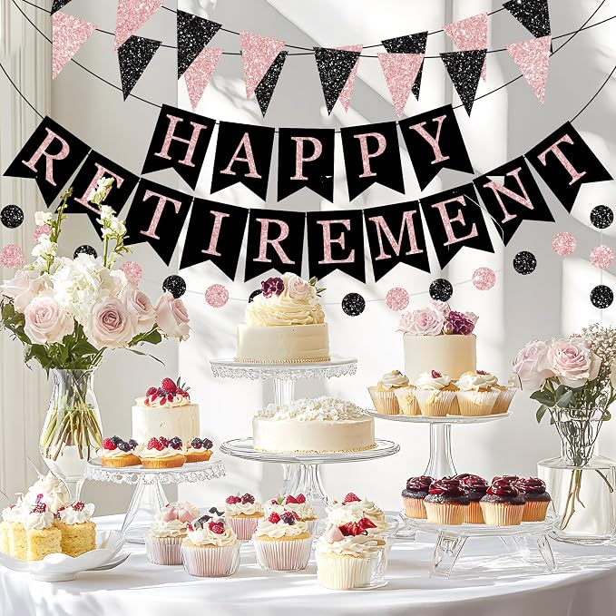 Happy Retirement Banner Rose Gold and Black Retirement Banner Glittery Pennant - Image 6