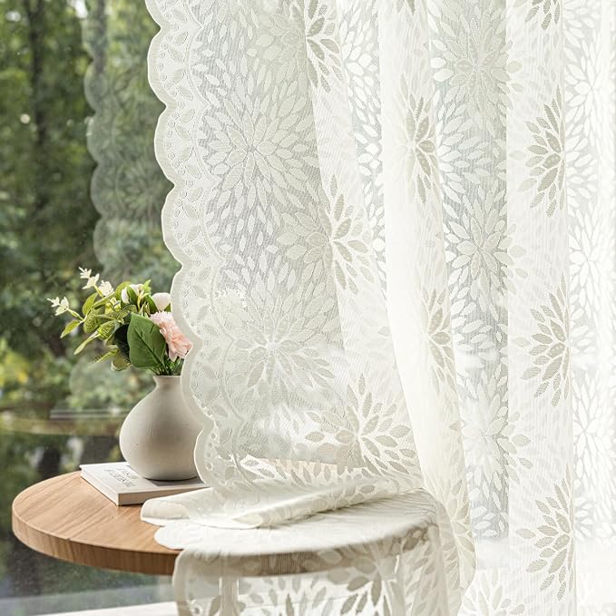 MIULEE Vintage Floral Scalloped Lace Curtains 2 Panels, Ivory 52" W x 84" L | by MIULEE