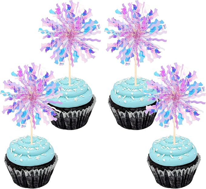 30 PCS Foil Firework Cupcake Toppers Sparkle Tinsel Cupcake Picks Happy by ZHUOWEISM