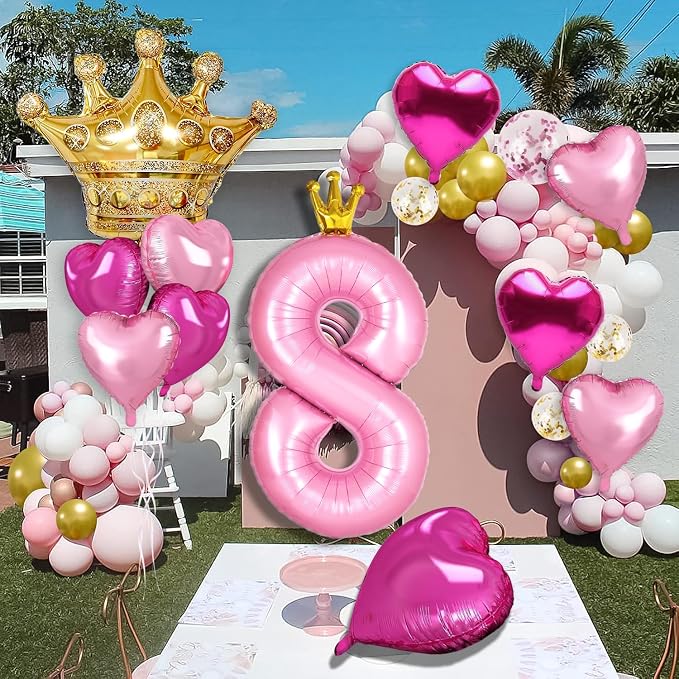 Princess 8th Birthday Party Decorations, 40 inch Large Pink Crown 8 Balloon - Image 4