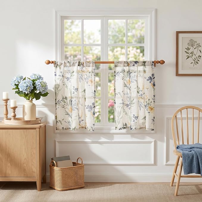 MYSKY HOME Floral Kitchen Curtains 30 Inch Length Linen Tier Curtains Farmhouse - Image 5