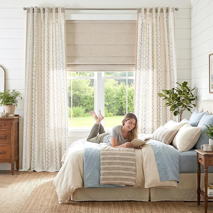 Cathy Blue Linen Floral Curtains 84 inches Long Semi Sheer Drapes 2 Panels - Image 7