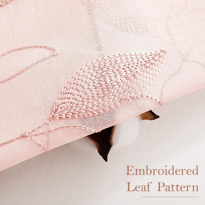 HOMEIDEAS Blush Pink Sheer Curtains 2 Panels Set, Embroidered Leaf, W52xL63 | - Image 2