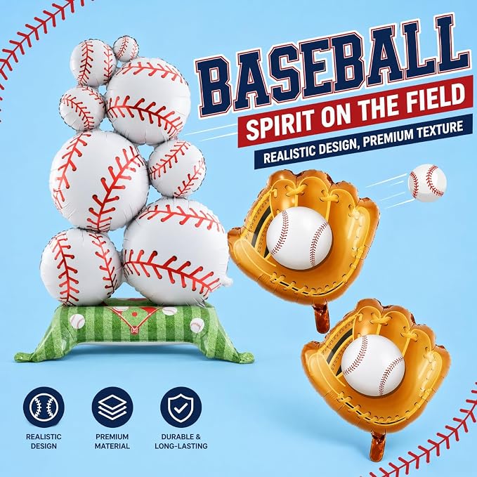 6 Pcs Baseball Party Ballon 2 Packs Self Standing Baseball Foil Balloons - Image 3