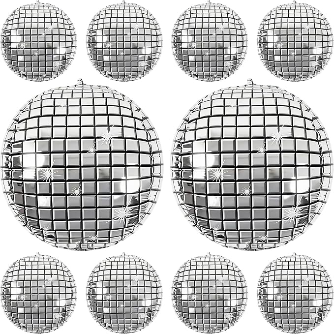 10 Pcs Disco Ball Balloons 32/10 4D Ball Balloons Metallic Silver Disco Mylar by Froova