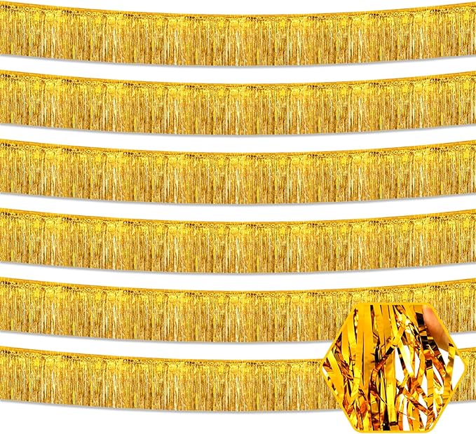6 Pack 10 Feet Gold Foil Fringe Garland Metallic Tinsel Streamers Banner Wall Hanging Curtain Backdrop for Parade Floats, Birthday, Graduate, Mother's Day, Wedding Party Decoration
