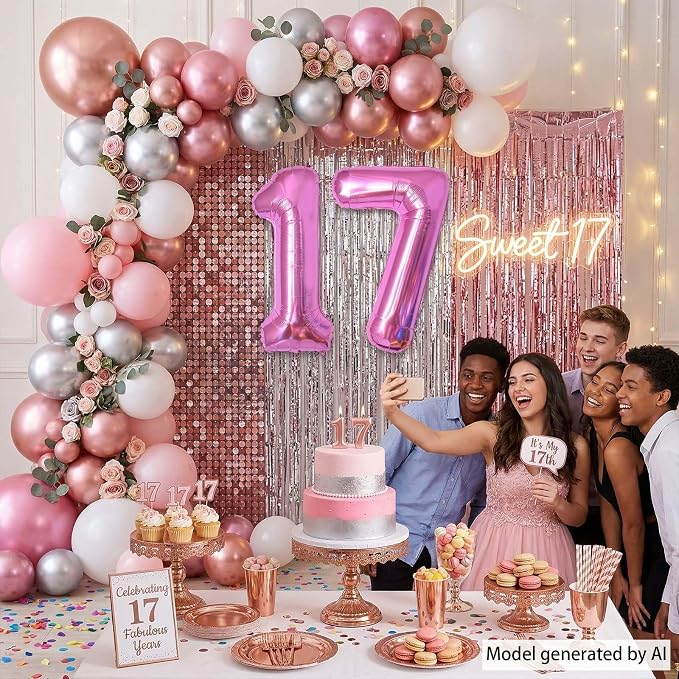 Pink Number 17 Balloon 40 Inch, Sleek Foil Numeral - Image 2