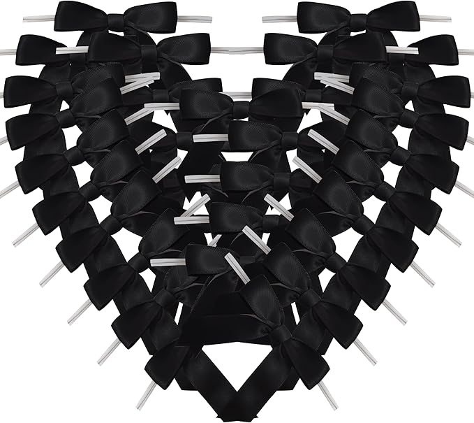 50pcs 2-1/2" Black Satin Ribbon Bows with Twist Tie Bows for Christmas Gift Packing&Wrapping (Black)